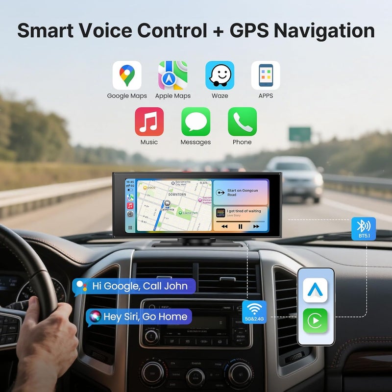 WonVon Wireless Car Play Screen, 10.26'' Monitor with Apple Carplay & Android Auto, 4K Dash Cam 64G, 1080P Backup Camera, Portable Smart Touch Tablet Stereo Multimedia Dashboard, Bluetooth/FM/GPS/AUX - Image 5